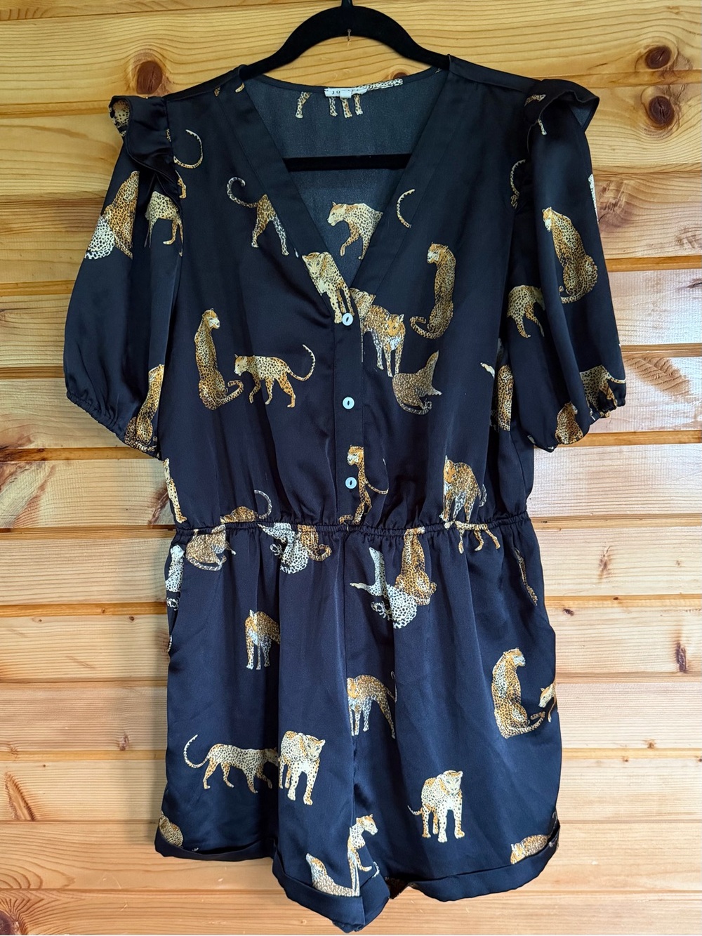 JODIFL Black Satin Romper with Gold Leopard Print with Pockets